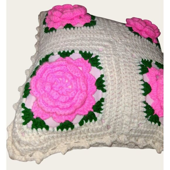 Vintage Handmade Crochet Pillow With Pink Roses 16x16 - Picture 4 of 10